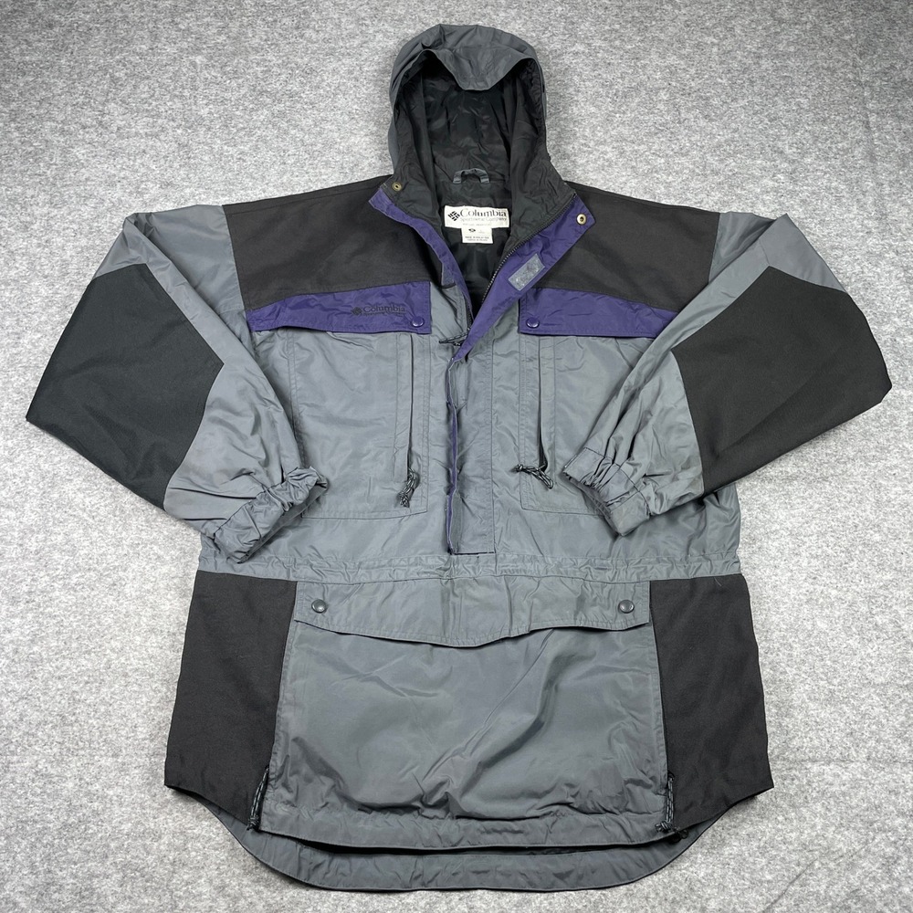Vintage Columbia Anorak Jacket Mens M Gray Black Purple Hooded Pullover Outdoor